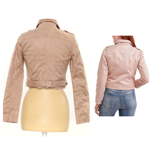 Urban Retro Juniors' Faux Suede Zip Moto Jacket Mauve Medium - Picture 2 of 10